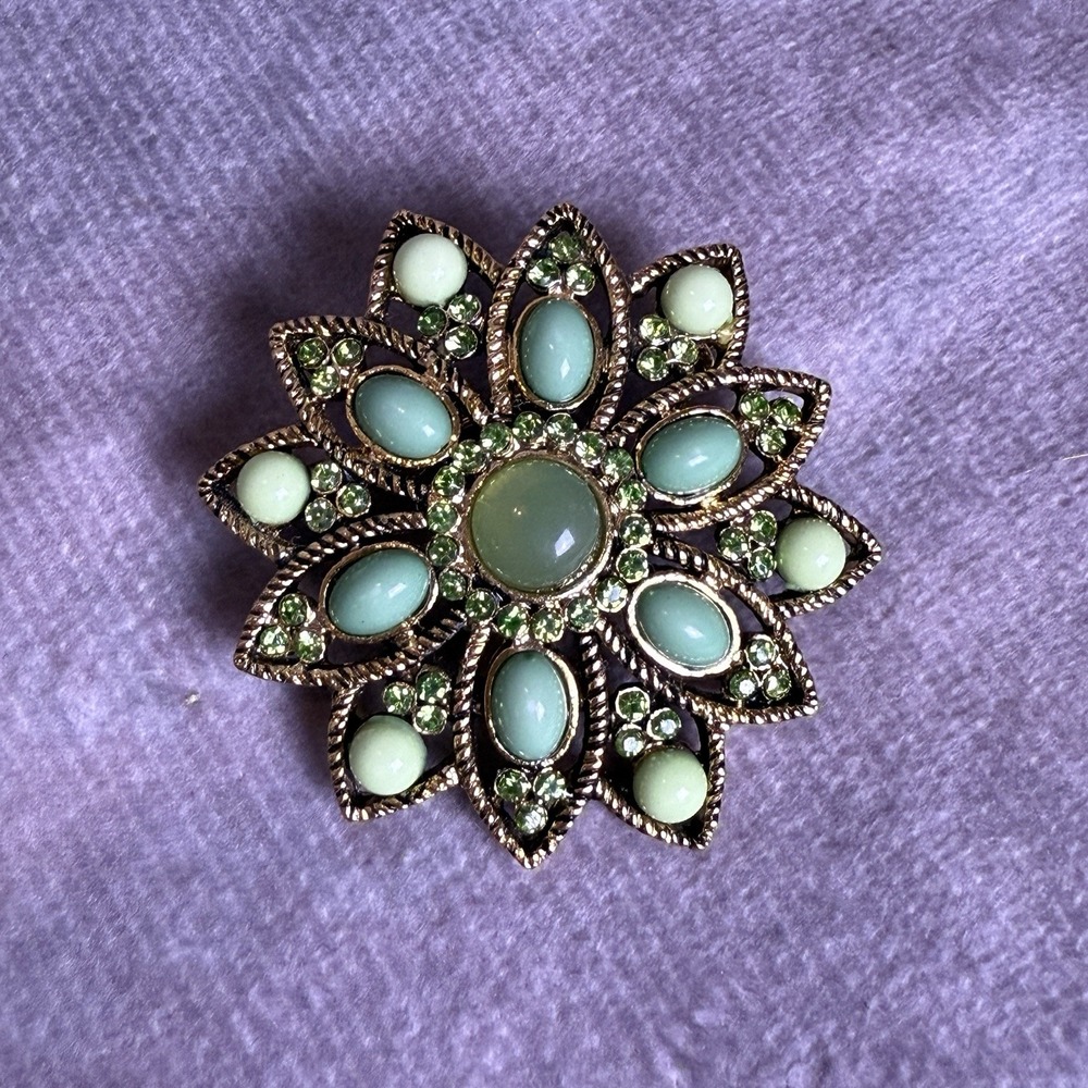 Mint Green Enamel‎ Brooch Pin Geometric Gold Tone Vintage Jewelry